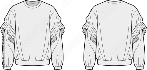  Flat sketch of women's ruffle sleeve sweatshirt, front and back view, fashion vector template for trendy casual wear design

flat vector illustration