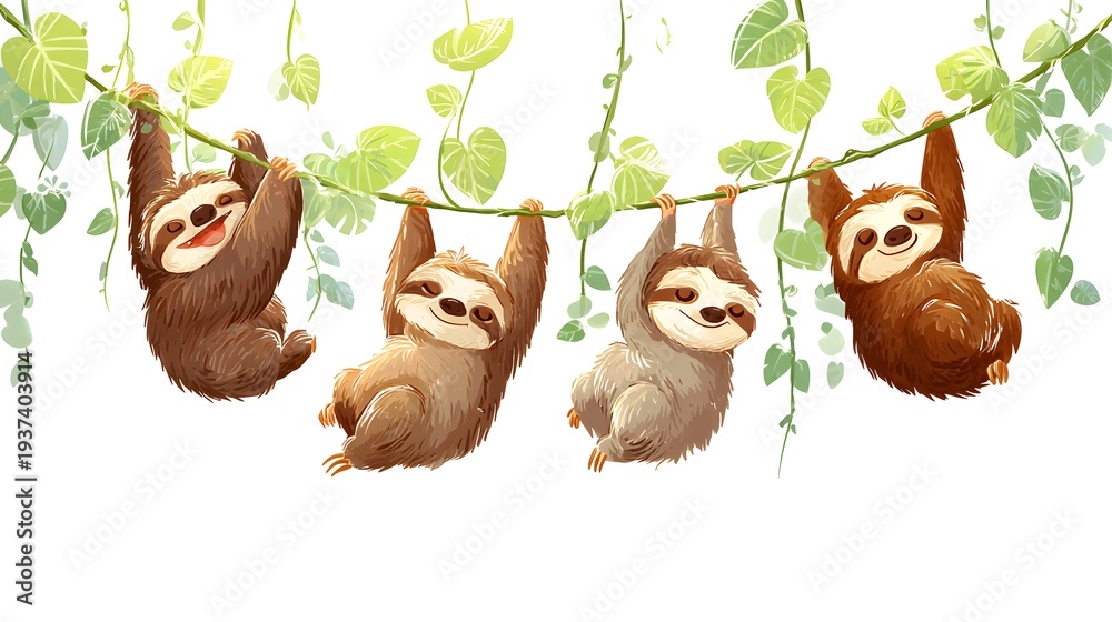 Naklejka premium Four Adorable Sloths Hanging from Lush Green Vines on a White Background.