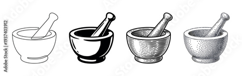 Set of four mortar and pestle illustrations in various artistic styles like line art, silhouette, engraving, and stippling, representing pharmacy and herbal medicine