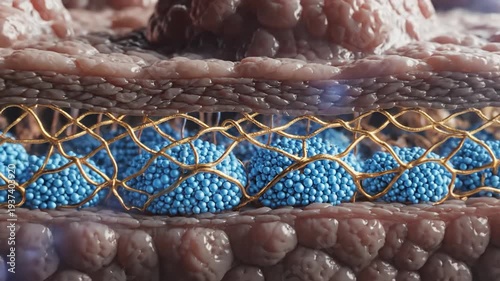 Cellular structures, gold pods housing blue spheres, connect to fleshy, undulating surface with fiber-like tendrils