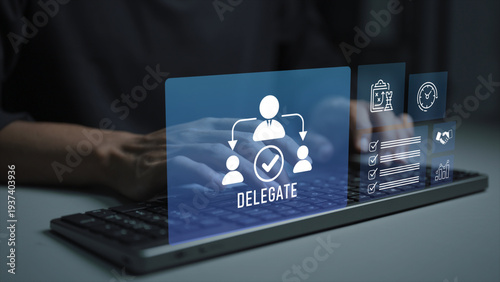 Delegation concept. Person typing keyboard with task assignment and team collaboration icons, leadership management, workflow distribution and productivity improvement.