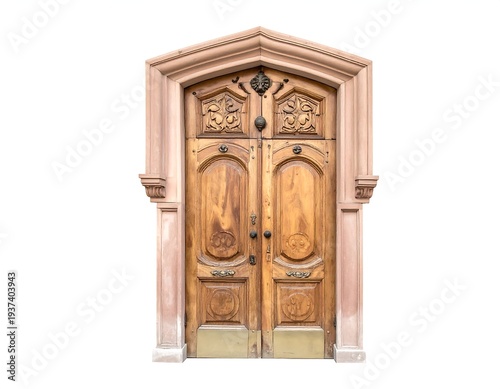 Ornate wood door with carved details set in a pink stone frame against a white background