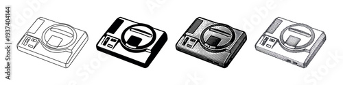 Four retro video game console illustrations in different artistic styles including line art, silhouette, engraving, and stippling, shown from an isometric perspective