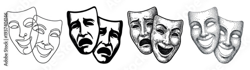 Set of black theatrical comedy and tragedy masks in four different artistic styles including line art, graphic silhouette, engraving, and stippling, symbolizing drama and emotion