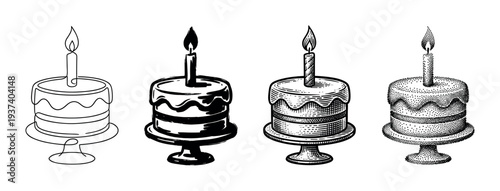 Four birthday cake illustrations with one candle presented in a set of different artistic styles including line art, engraving, stippling, and brush stroke for a festive design