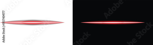Red horizontal glowing light lens flare set on dark and transparent background for digital special flash effect