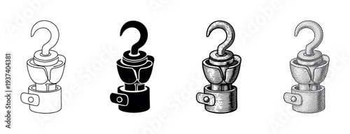 Four pirate hook prosthesis icons presented in a collection of different artistic styles including outline, silhouette, engraved hatching, and stippled dotwork illustration
