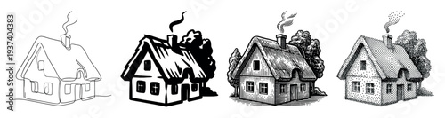 Set of four rustic house illustrations showcasing different artistic techniques like continuous line art, silhouette, detailed engraving, and stippling