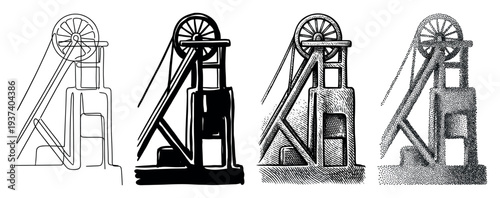 Set of four mine headframe illustrations in different artistic styles, including continuous line, bold silhouette, engraving, and stippling for industrial or historical concepts
