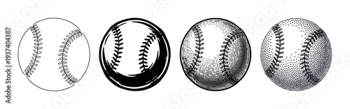 Four baseball ball illustrations in a set showing different artistic styles including line art, engraving, stippling, and a bold brush stroke for sports design elements