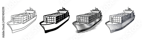Set of four container ship illustrations in various artistic styles including line art, silhouette, engraving, and stippling for logistics and freight concepts