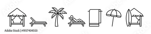Set of black line art icons representing a tropical beach vacation with a palm tree, sunbed, cabana, umbrella, surfboard, and towel for a summer holiday theme