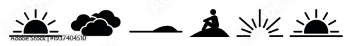 Set of black minimalist icons depicting sunrise, sunset, clouds, and a person sitting on a hill, representing nature, weather, and solitude in a simple graphic style