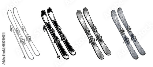 Four sets of vintage alpine skis illustrated in different graphic styles, including line art, silhouette, engraving, and stippling for winter sports design elements