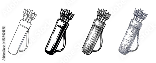 Set of four quiver illustrations with arrows, showcasing different artistic styles including continuous line art, solid black graphic, vintage engraving, and stippling