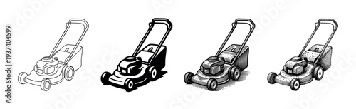 Set of four lawn mower illustrations presented in various artistic styles including line art, silhouette, detailed engraving, and stippling for gardening equipment concepts
