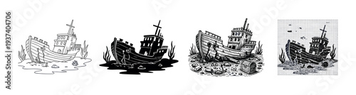 Four black and white shipwreck illustrations showing a sunken vessel on the seabed in various artistic styles including line art, silhouette, engraving, and halftone pattern