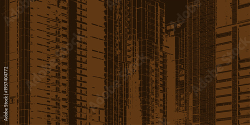 Moody dark silhouette of urban skyscrapers in sepia tones, minimalist architectural city skyline background at dusk