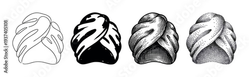 Collection of four croissant pastry illustrations in black and white, featuring diverse artistic renderings from simple outline and silhouette to detailed engraving and stippling