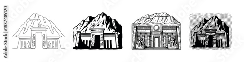 Four illustrations of an ancient Egyptian temple carved into a mountain, depicted in different graphic styles from simple line art to detailed engraving and halftone