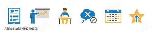 Collection of colorful flat business icons showing a presentation, studying, calendar planning, cloud error, rating star, and tablet for web and mobile applications