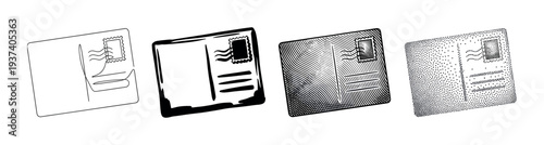 Set of four postcard illustrations showing different artistic techniques including continuous line, ink brush, hatching, and stippling in a black and white graphic style