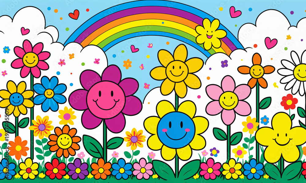Naklejka premium cheerful smiling flowers with happy faces in a vibrant garden under a colorful rainbow with white clouds and pink hearts in a bright blue sky.