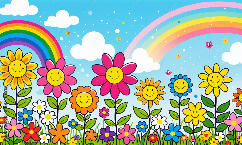 Naklejka premium garden of smiling colorful flowers with happy faces under two rainbows in a bright blue sky with soft white clouds and small flying butterflies.