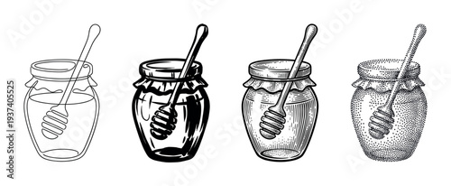 Set of four honey jar illustrations with wooden dippers, showcasing various graphic techniques like engraving, stippling, line art, and bold ink drawing