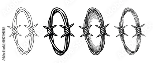 Set of four barbed wire illustrations in different graphic styles including line art, bold ink, detailed engraving, and stippling for tattoo design or graphic elements
