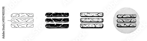 Four black and white illustrations of stacked bricks or stones presented in a sequence of styles including outline, solid black, engraved hatching, and dotted stipple texture