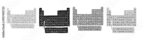 Four hand-drawn periodic tables of elements presented in a set of different artistic styles, including outline, negative, cross-hatch, and stippled patterns for a scientific concept