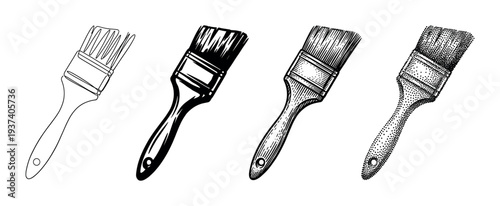 Set of four paint brushes illustrated in different graphic styles like simple outline, solid silhouette, detailed engraving, and classic stippling