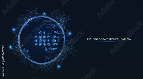 Spherical world map glowing with pulsating blue lights and fiber optic strands. Concept of big data, data flow, Global connectivity, technology, and futuristic technological innovation worldwide. Tech