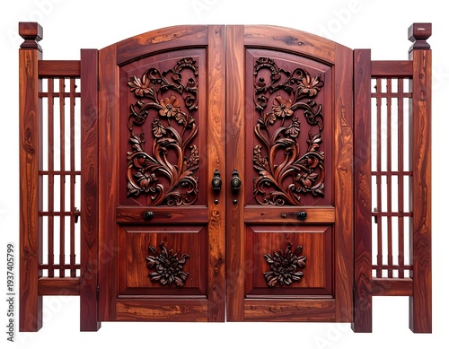 Ornate wooden double doors featuring intricate floral carvings, flanked by slatted side panels