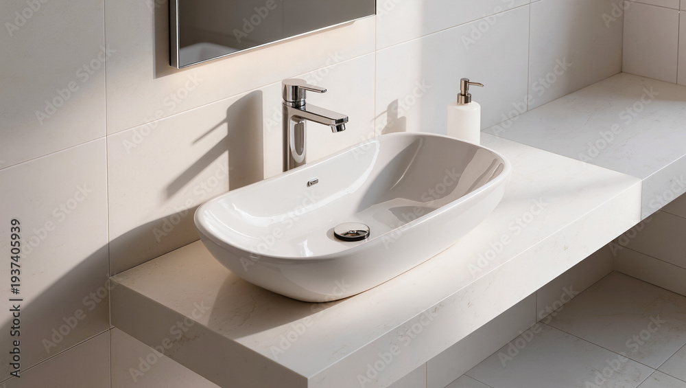 Fototapeta premium Elegant Bathroom Countertop with Modern Oval Ceramic Sink and Chrome Faucet