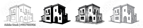 Four illustrations of a Mediterranean style house presented in various graphic techniques like line drawing, high contrast silhouette, retro woodcut, and pointillism art