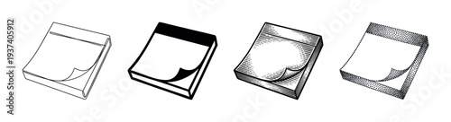 Set of four sticky note pads illustrated in different graphic styles including line art, silhouette, engraving, and stippling, showing a blank page with a curled corner