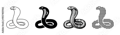 Set of four black cobra snake icons presented in various artistic styles, from a simple line art outline and solid silhouette to a detailed engraving and a modern pixelated version
