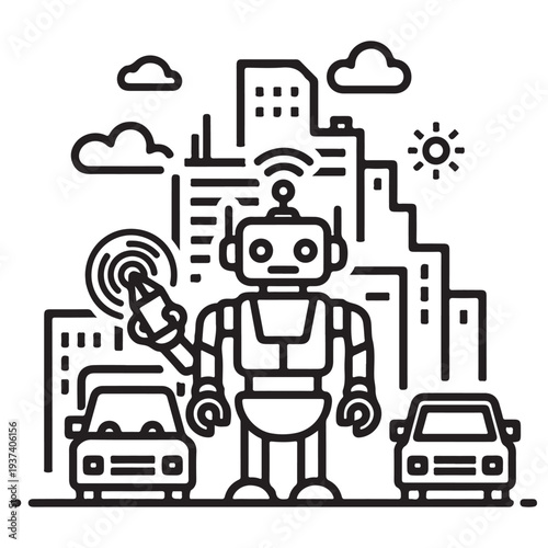 Futuristic robot character standing in a smart city environment with autonomous cars and wireless signals, minimalist black and white line art illustration for technology and automation.