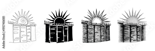 Fence with barbed wire against a rising sun shown in four different black and white graphic illustration styles, including line art, silhouette, hatching, and stippling