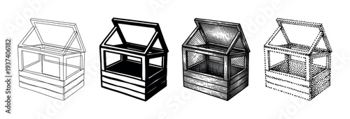 Four small wooden greenhouse cold frames with open lids, a collection rendered in diverse black and white graphic styles from simple line art to detailed engraving