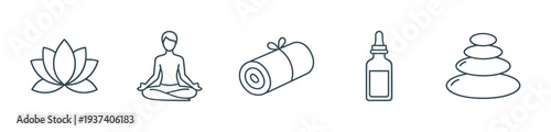 Set of five minimalist line icons representing spa and wellness concepts, including a lotus flower, meditation pose, rolled towel, essential oil, and balanced stones for relaxation