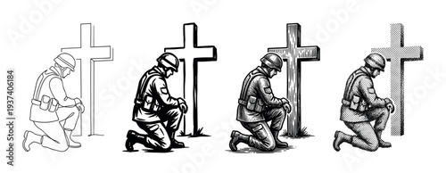 Soldier in uniform kneeling respectfully at a grave cross, shown in a set of four black and white artistic styles including line art, ink, engraving, and halftone