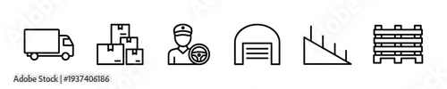 Six black outline logistics and delivery icons are neatly arranged, depicting essential elements of modern shipping, transportation, and warehousing in a clean, minimalist line art style