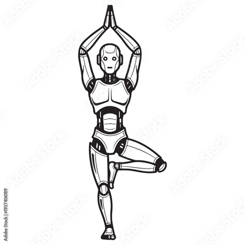 Humanoid robot android performing a yoga tree pose with hands joined above head, isolated on white background in minimalist black and white line art style, representing AI balance.