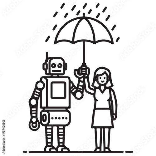 Minimalist robot and woman characters holding an umbrella together during a rainstorm in a clean black and white line art vector illustration symbolizing AI assistance and protection.
