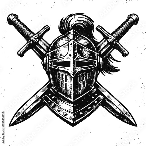 Detailed grunge engraved medieval knight helmet with majestic plume and crossed swords, in a powerful black and white style, symbolizing chivalry, valor, and ancient warfare, ideal for fantasy gaming