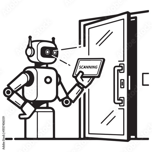Futuristic humanoid robot assistant scanning a digital access card to unlock a secure door, representing smart home automation and AI security systems in a clean line art style.