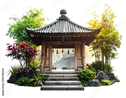 Ornate wooden structure with stone steps amid lush flora; a tranquil garden scene against a clean white background
